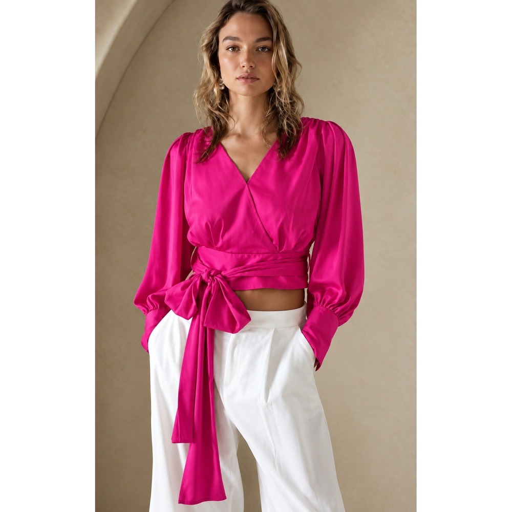 NWT Banana Republic Faux Wrap Bow Front Blouse Fuschia Pink 0 Satin V Neck